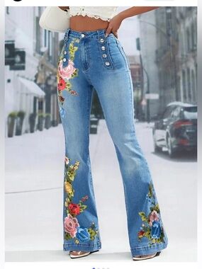 Floral Embroidery Denim High Waist Button Design Flare Boho Jeans Sz XL, NWT